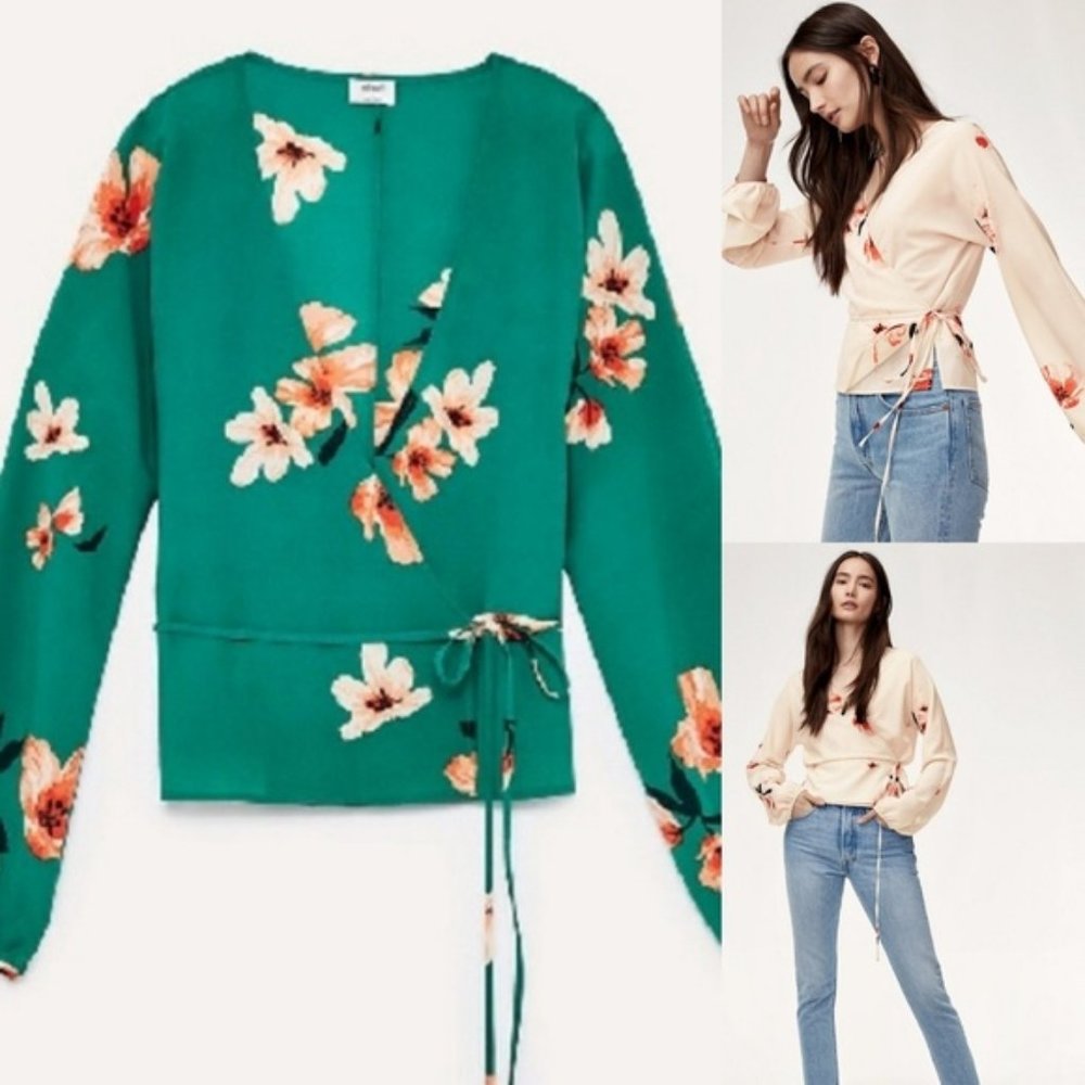 Aritzia Wilfred Lilia Green Floral Wrap Blouse